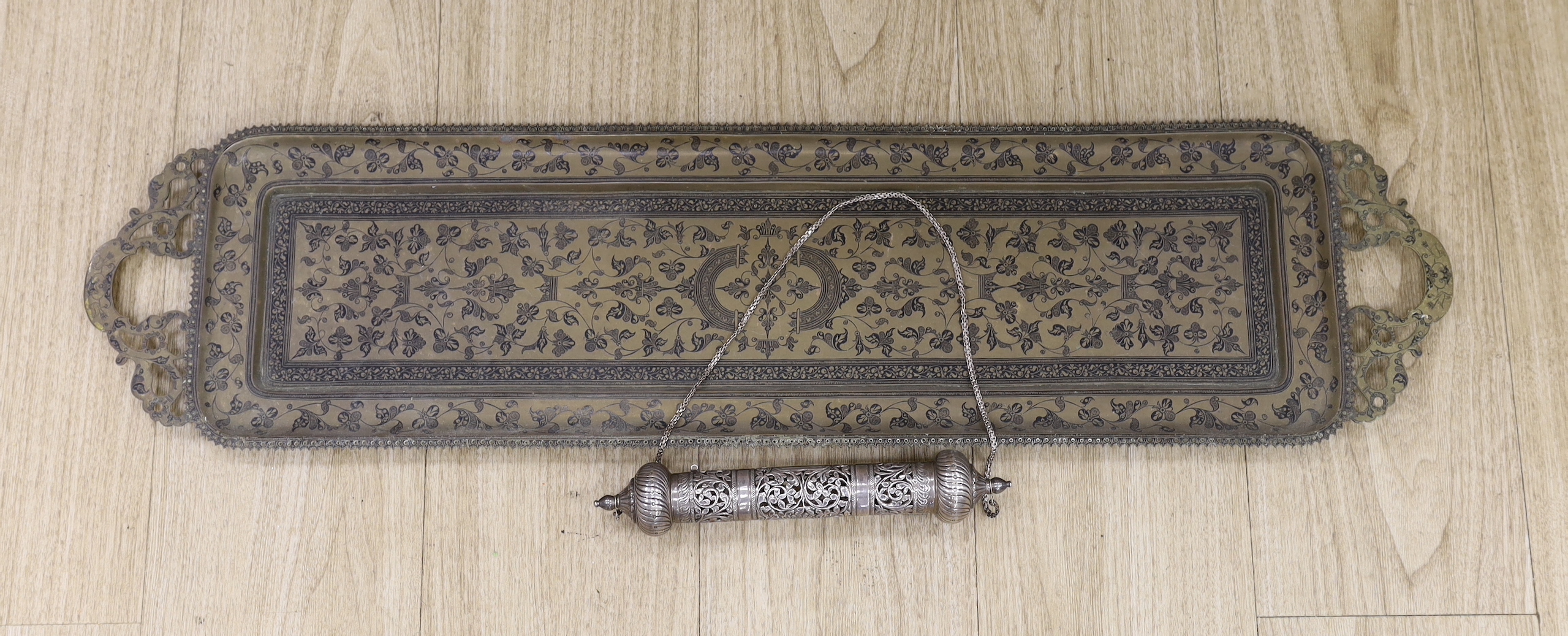 Judaica: A Torah scroll holder, together with an Indian tray, 91cm